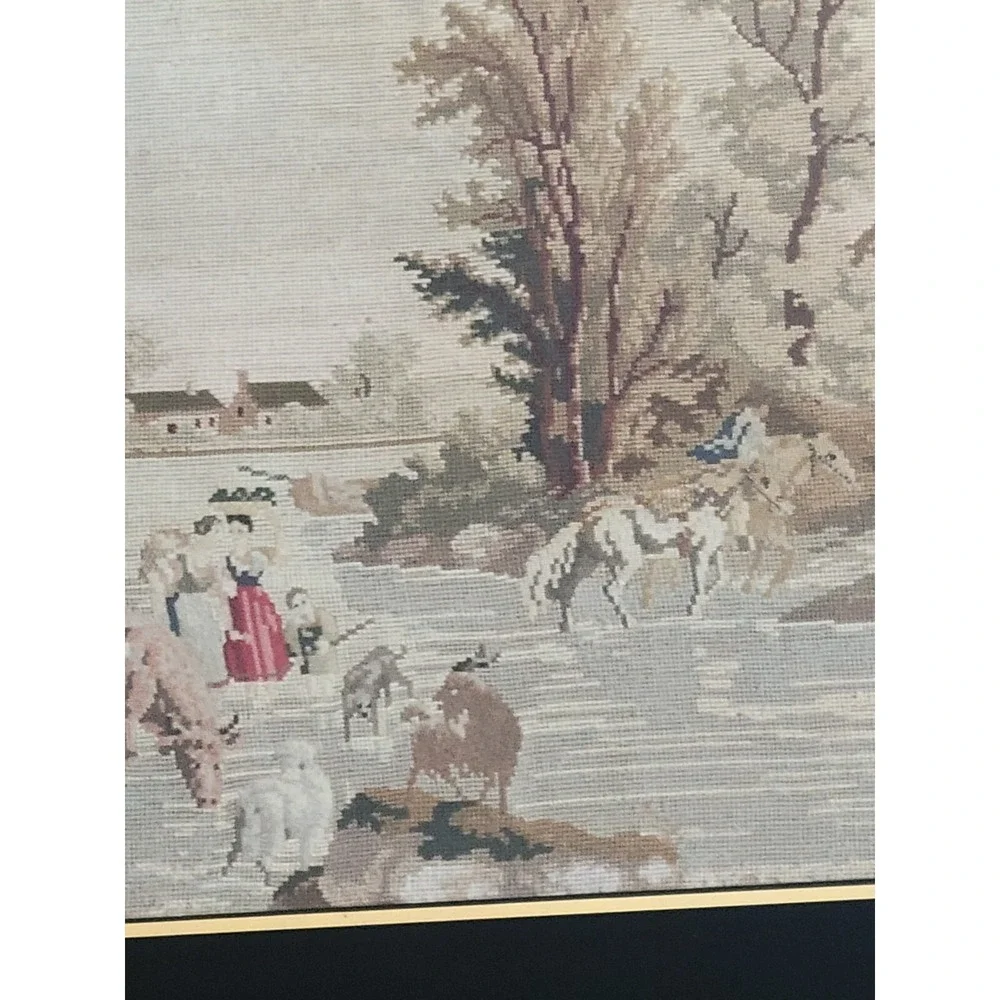 Big Antique Needlepoint Pastoral Scene Framed Picture Cows Horses Maidens Castle